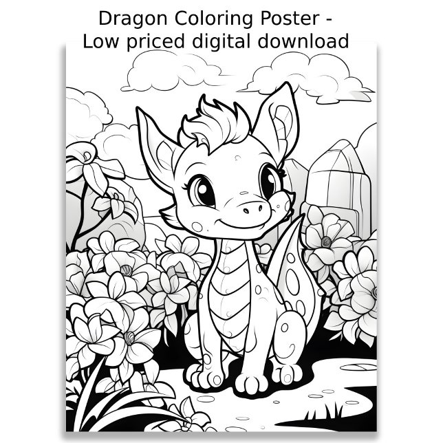 Affiche Page de coloration - Dragon mignon, Couleur de vot (Image shows a cute dragon poster in black and white that is designed to be colored in by hand.)