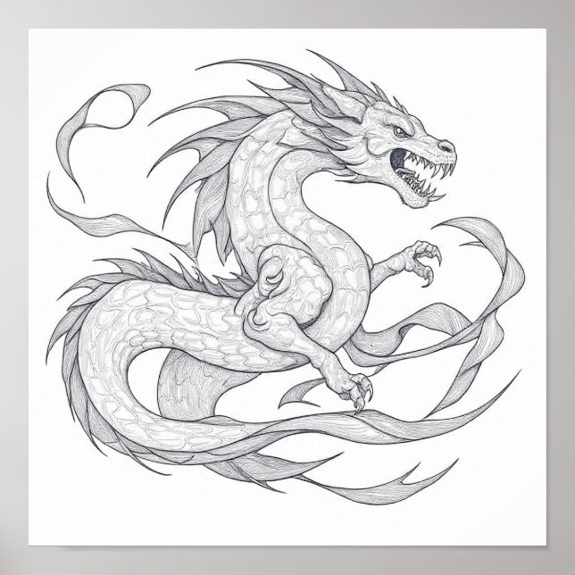 Affiche Page de coloriage adulte complexe : Dragon détaill (Devant)