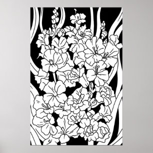 Affiche Page de coloriage Belles fleurs sur noir