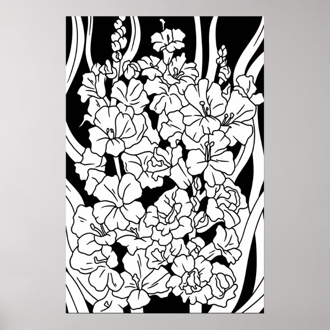 Affiche Page de coloriage Belles fleurs sur noir (Devant)