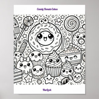 Affiche page de coloriage de beignets en bonbons gâteaux