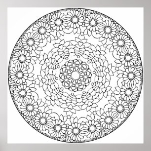 Affiche Page de coloriage de mandala floral avec des pétal