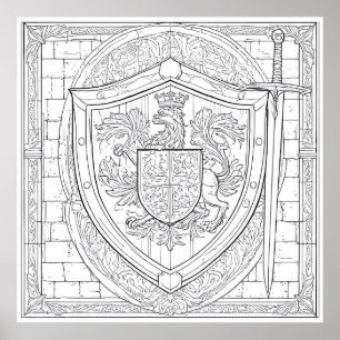 Affiche Page de coloriage détaillé du blason de chevalier