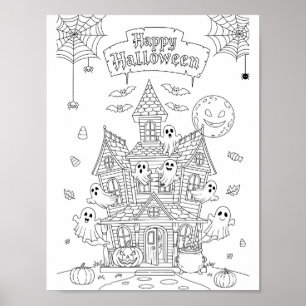 Affiche Page de coloriage d'Halloween - Un manoir hanté