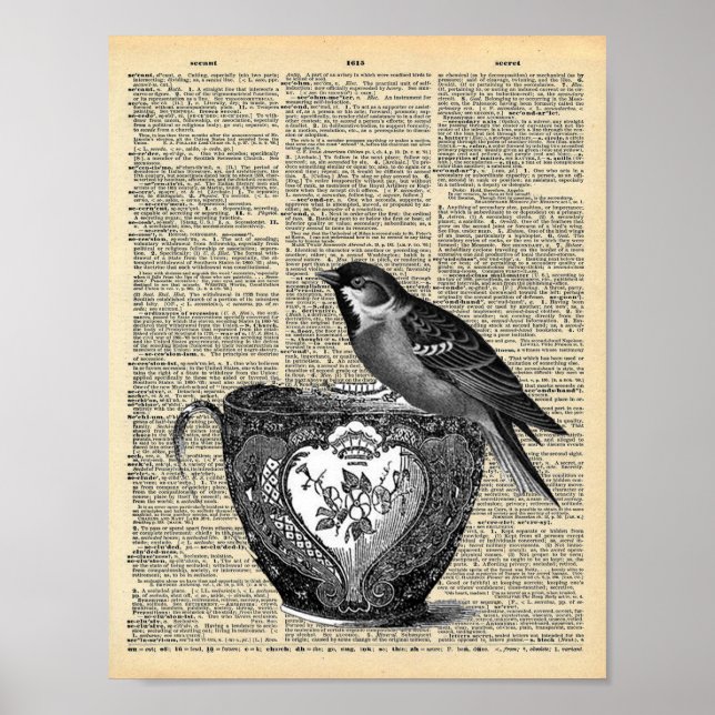 Affiche Page Dictionnaire vintage avec Oiseau et Teacup (Devant)