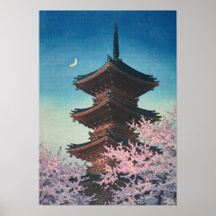 Affiche Pagode de printemps japonaise vintage sur une soir