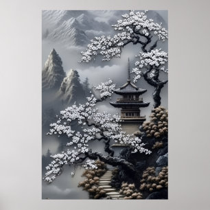 Affiche Pagode japonaise brumeuse aux fleurs de cerisier b