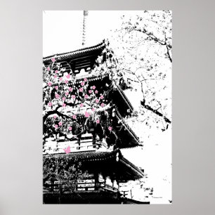 Affiche Pagode japonaise noir/blanc avec fleurs de cerisie