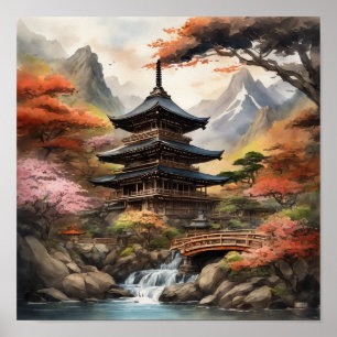 Affiche Pagode japonaise près d'une cascade