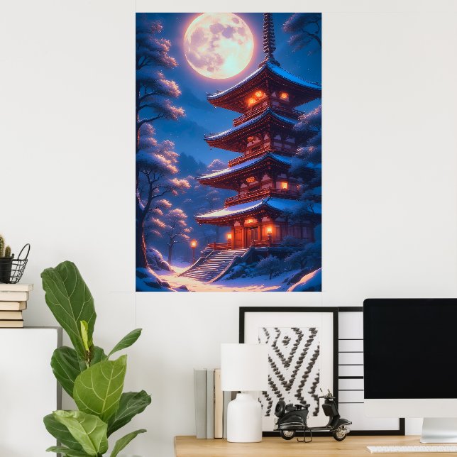Affiche Pagode mystique sous le ciel lunaire (Bureau à domicile)