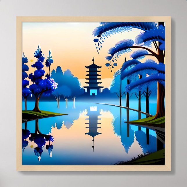 Affiche pagode peinture bâtiment japonais lever de soleil  (pagoda painting japan building sunrise look bluish)