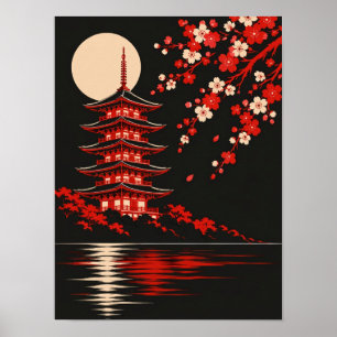 Affiche Pagode rouge fleurs de cerisier pleine lune art ja
