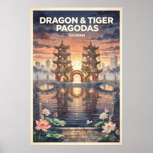 Affiche Pagodes du Dragon et du Tigre Taïwan Voyage Rétro