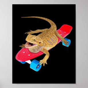 Affiche Pagone Lézard Barbu drôle en planche à roulettes R