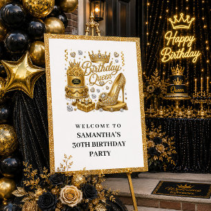 Affiche Pailleté d'or noir élégant Reine de la fête d'anni