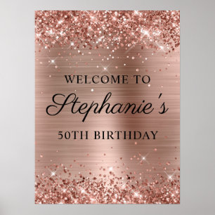 Affiche Pailleté Or Rose Feuille 50e Anniversaire 18x24