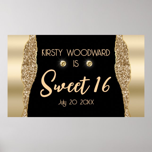 Affiche Paillettes dorées Glam Edge & Diamants Sweet 16 (Devant)