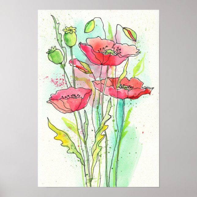 Affiche Painted watercolor poppies (Devant)
