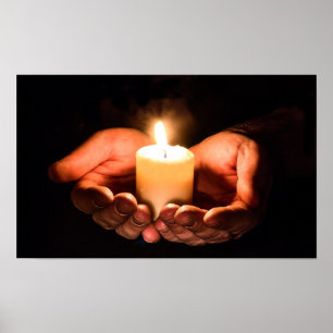 Affiche Pair of Hands Holding a Lit Candle Dark Night