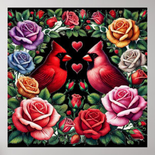 Affiche Paire de cardinaux au milieu de Roses dynamiques