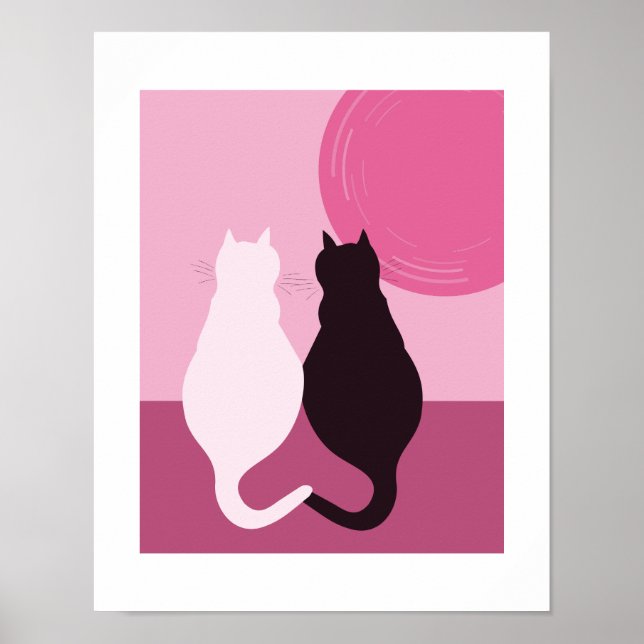 Affiche Paire de chats noirs et blancs mignons au coucher  (Devant)