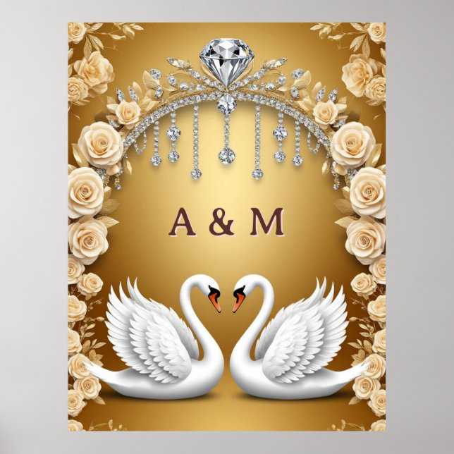 Affiche Paire de cygnes dorés Mariage Rose Luxe Fond 🦢 (Devant)