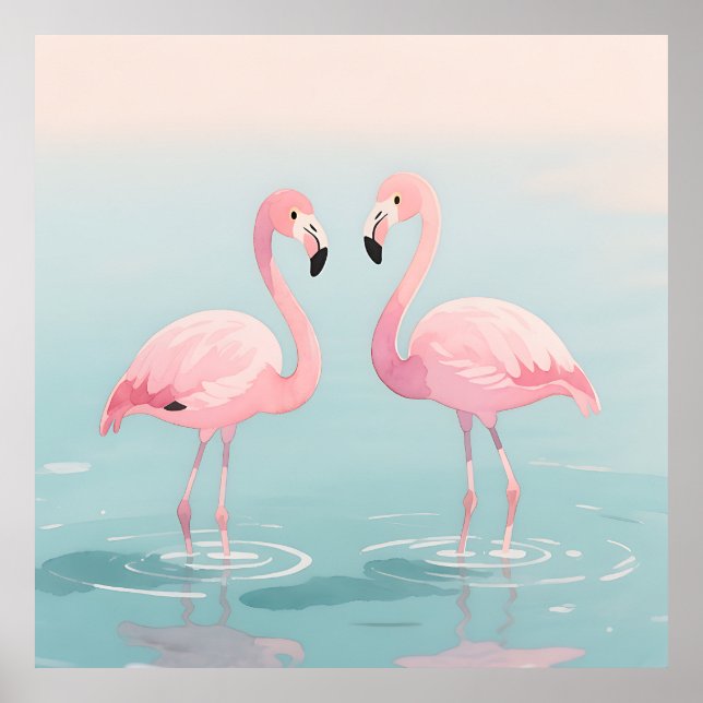 Affiche Paire de flamants roses aquarelle sérénité (Devant)