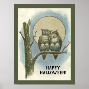 Affiche Paire d'Halloween vintage de hibou assis Lune de n