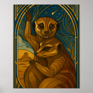 Affiche Paire Meerkat Stylisée Sous Ciel Étoilé