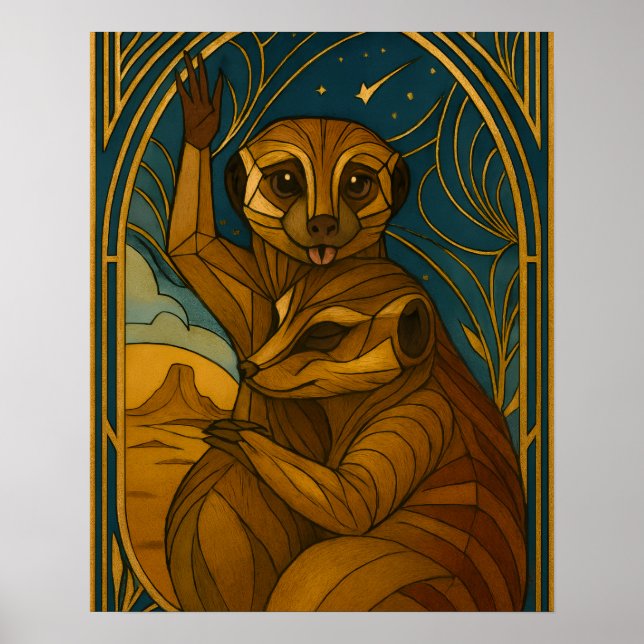 Affiche Paire Meerkat Stylisée Sous Ciel Étoilé (Devant)