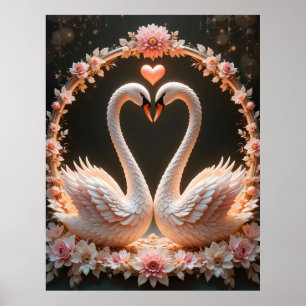 Affiche Paire romantique de cygnes élégants parmi les fleu