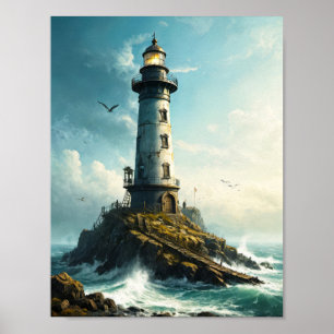 Affiche Paisible phare avec mouette dans la mer du nord
