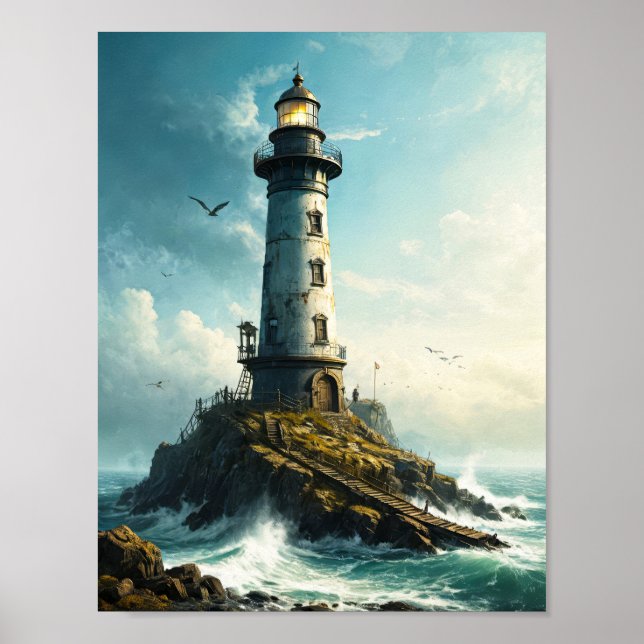 Affiche Paisible phare avec mouette dans la mer du nord (Devant)