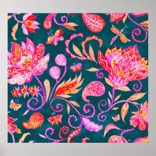 Affiche Paisley Aquarelle Motif Floral Carreau