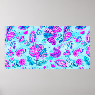 Affiche Paisley aquarelle motif floral tuile : fleurs, f