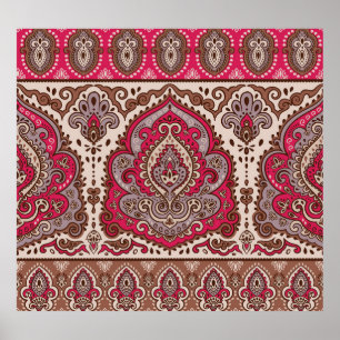 Affiche Paisley floral indien, motif de mandala ethnique.