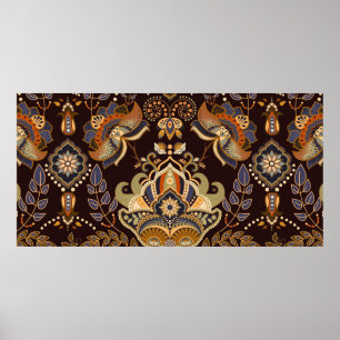 Affiche Paisley floral seamless pattern. Dark backdrop wit