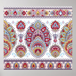 Affiche Paisley indien floral, médaillon ethnique.