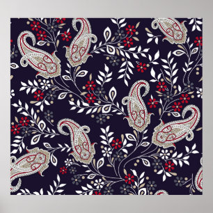 Affiche Paisley indien traditionnel, motif sans soudure.