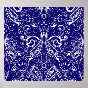 Affiche Paisley monochrome : bleu, blanc élégance.
