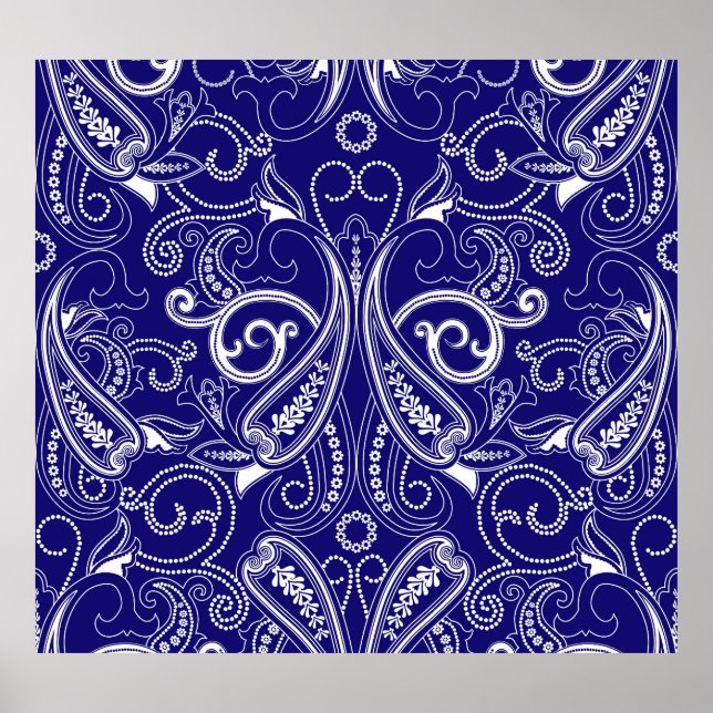 Affiche Paisley monochrome : bleu, blanc élégance. (Devant)