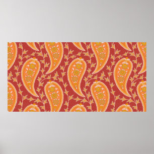 Affiche Paisley motif. Concombre turc. Maroon-orange c