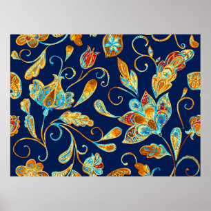 Affiche Paisley watercolor floral pattern tile: flowers, f