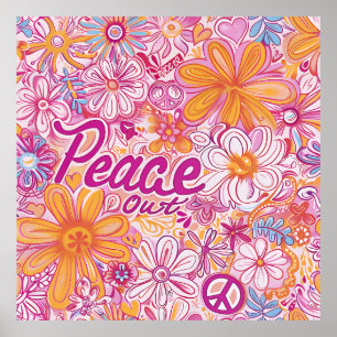 Affiche Paix Hippie Fleurie Signe de Paix Motif Rétro