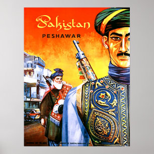 Affiche Pakistan, soldats de Peshawar, voyage vintage