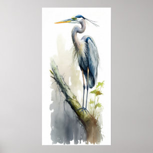 Affiche Pâle Majesté Grand Héron Bleu Perché AI Nature