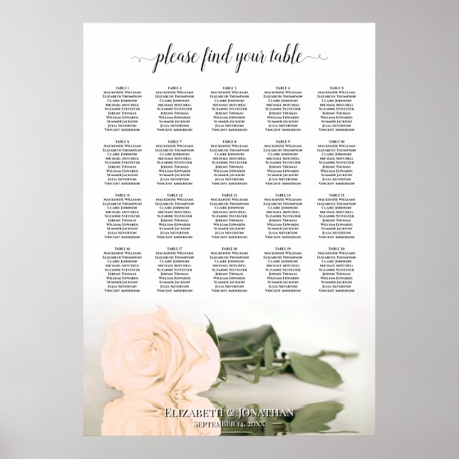 Affiche Pale Peach Rose 20 Table Wedding Seating Chart (Devant)