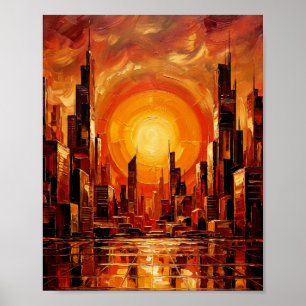 Affiche Palette de couteau de paysage urbain au coucher du