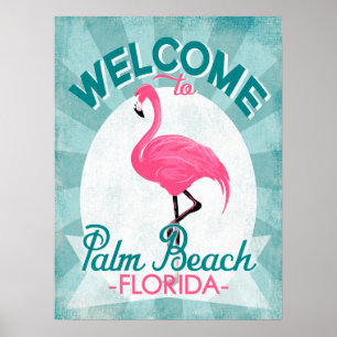 Affiche Palm Beach Florida Flamant rose rose - Vintage Ret