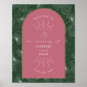 Affiche Palm Feuille Coquillage rose vert Mariage Bienvenu